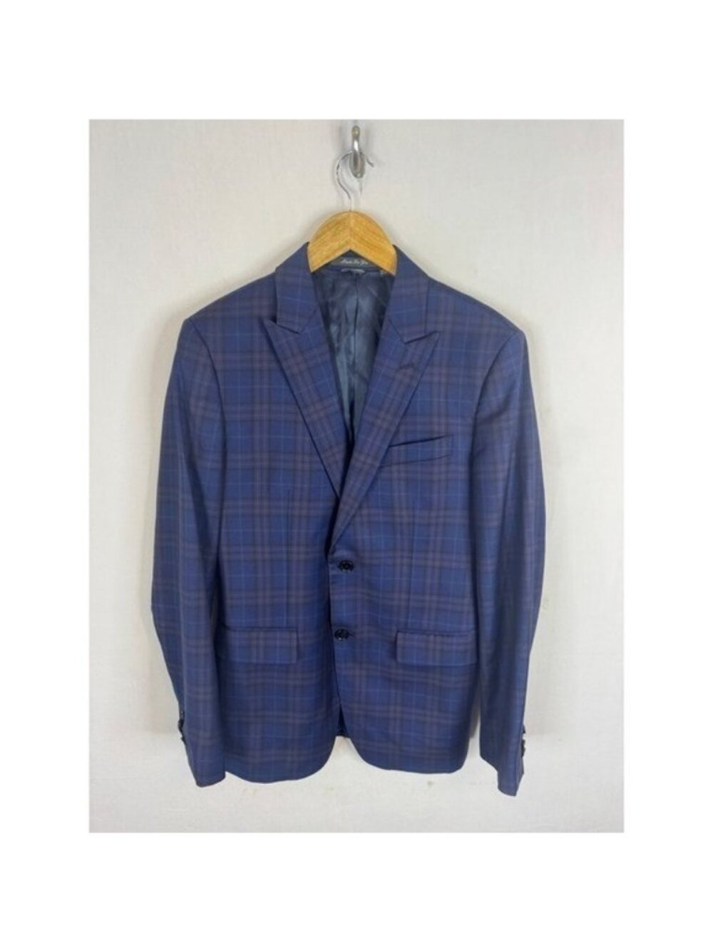 Indochino Mens 36 Navy Blue Plaid 100% Wool Peak 2-Button Blazer Suit Jacket